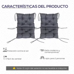 Conjunto de 2 Cojines para Silla 50x98x8 cm con Respaldo 6 Cordones de Fijación para Jardín Terraza Balcón Gris ... - Ogal.Es