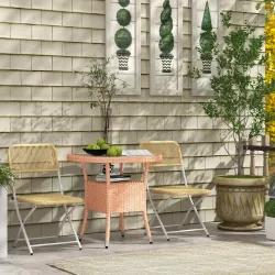 Mesa de Ratán Ø80x75 cm Mesa de Jardín con Estante Patas Ajustable Encimera de Cristal y Marco de Acero Natural - Ogal.Es