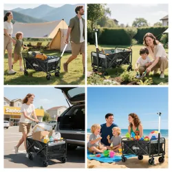 Carro de Jardín Plegable con 4 Ruedas Longitud y Ángulo del Mango Ajustables Capacidad 70 L 77x50x63-93 cm Negro - Ogal.Es