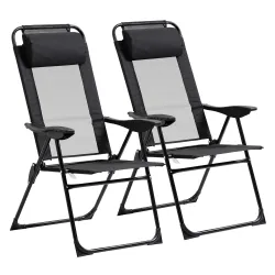 Conjunto de 2 Sillas de Camping Plegables con Reposacabezas Desmontable y Respaldo Reclinable 62x70x109 cm Negro - Ogal.Es