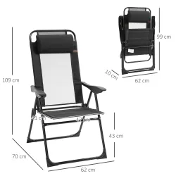 Conjunto de 2 Sillas de Camping Plegables con Reposacabezas Desmontable y Respaldo Reclinable 62x70x109 cm Negro - Ogal.Es