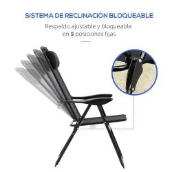 Conjunto de 2 Sillas de Camping Plegables con Reposacabezas Desmontable y Respaldo Reclinable 62x70x109 cm Negro - Ogal.Es