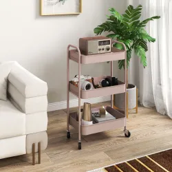 Carrito de Almacenamiento con 3 Cestas y Marco de Acero para Salón Dormitorio Oficina Cocina 45x30,6x79 cm Rosa - Ogal.Es