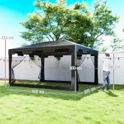 Cenador Exterior 4x3 m con 4 Mosquiteras Laterales 2 Puertas con Cremallera y 6 Orificios de Drenaje Gris Oscuro - Ogal.Es