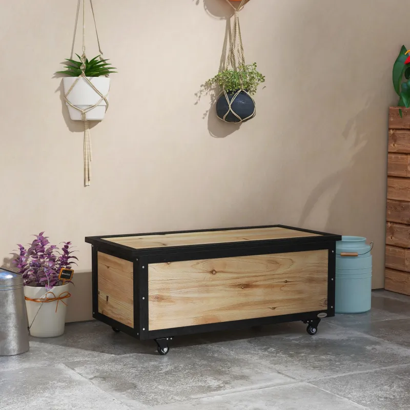 Baúl de Exterior de Madera con 4 Ruedas para Jardín Patio Balcón 100x50x43 cm Natural y Negro - Ogal.Es