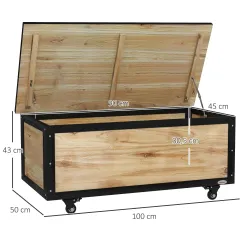 Baúl de Exterior de Madera con 4 Ruedas para Jardín Patio Balcón 100x50x43 cm Natural y Negro - Ogal.Es