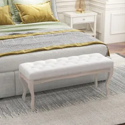 Banco para Pie de Cama con Pies de Madera y Asiento Acolchado Carga 120 kg para Entrada Pasillo 110x37x49 cm Crema - Ogal.Es