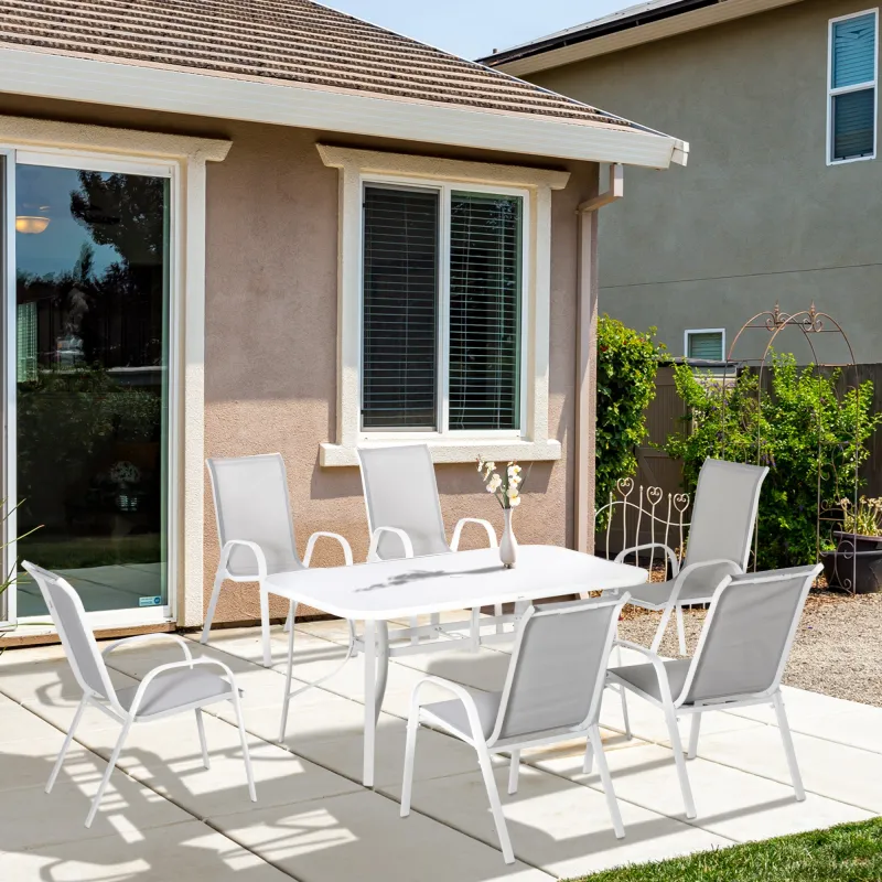 Juego de Mesa y 6 Sillas para Terraza con Orificio para Sombrilla y Encimera de Cristal para Terraza Patio Gris - Ogal.Es