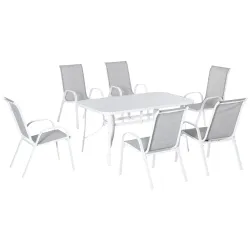 Juego de Mesa y 6 Sillas para Terraza con Orificio para Sombrilla y Encimera de Cristal para Terraza Patio Gris - Ogal.Es