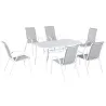 Juego de Mesa y 6 Sillas para Terraza con Orificio para Sombrilla y Encimera de Cristal para Terraza Patio Gris - Ogal.Es