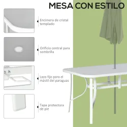 Juego de Mesa y 6 Sillas para Terraza con Orificio para Sombrilla y Encimera de Cristal para Terraza Patio Gris - Ogal.Es