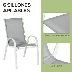Juego de Mesa y 6 Sillas para Terraza con Orificio para Sombrilla y Encimera de Cristal para Terraza Patio Gris - Ogal.Es