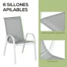 Juego de Mesa y 6 Sillas para Terraza con Orificio para Sombrilla y Encimera de Cristal para Terraza Patio Gris - Ogal.Es