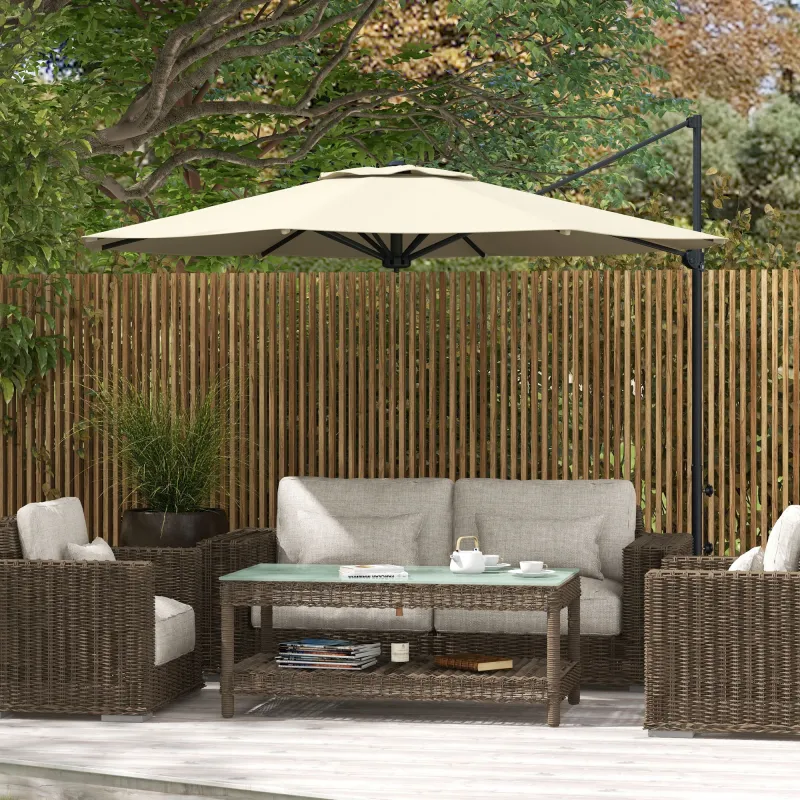 Sombrilla de Jardín Ajustable Ø294x242 cm con Poste Giratorio 360° Ángulo de Techo Ajustable y Ventilación Crema - Ogal.Es