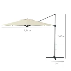 Sombrilla de Jardín Ajustable Ø294x242 cm con Poste Giratorio 360° Ángulo de Techo Ajustable y Ventilación Crema - Ogal.Es