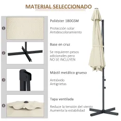 Sombrilla de Jardín Ajustable Ø294x242 cm con Poste Giratorio 360° Ángulo de Techo Ajustable y Ventilación Crema - Ogal.Es