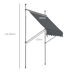 Toldo Manual Retráctil con Manivela 200x120x210-300 cm con Altura Ajustable Impermeable y Anti-UV Gris Oscuro - Ogal.Es