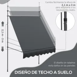 Toldo Manual Retráctil con Manivela 200x120x210-300 cm con Altura Ajustable Impermeable y Anti-UV Gris Oscuro - Ogal.Es