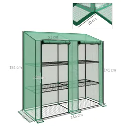 Invernadero de Jardín de 3 Niveles con Estantes Techo Inclinado y Puertas con Cremallera 143x46x141/151 cm Verde - Ogal.Es