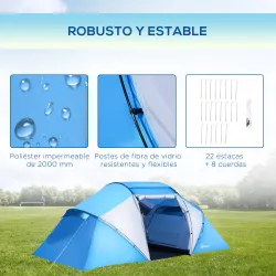 Tienda de Campaña Familiar para 4 Personas con 2 Habitaciones y Bolsa de Transporte 430x230x170 cm Azul y Blanco - Ogal.Es