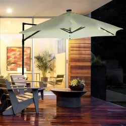Parasol de Terraza Manual Ø256x248 cm con Luces LED Solares Poste Giratorio 360° y Ventilación Superior Beige - Ogal.Es