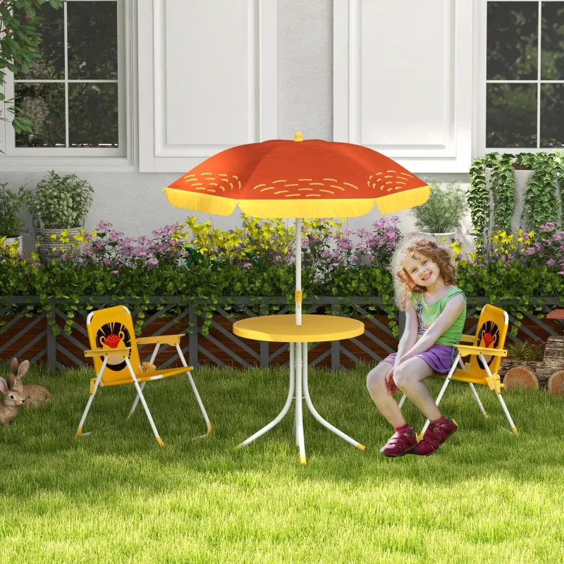 Set de 2 Sillas Plegables y Mesa para Niños Mesa con Sombrilla Ajustable en Altura Temática de León para Jardín ... - Ogal.Es