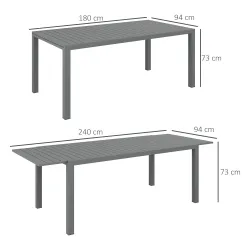 Mesa de Comedor Exterior Mesa de Terraza para 6 -8 Personas con Marco de Aluminio 180/240x94x73 cm Gris Oscuro - Ogal.Es
