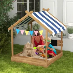 Arenero Infantil con Toldo 6 Banderines 2 Bandejas Grifo y Pizarra en Forma de Casa para Patio 124x116x146 cm Ma... - Ogal.Es