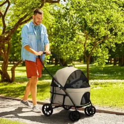 Carrito para Perros Plegable Cochecito para Mascotas con 2 Correas de Seguridad Cojín y Marco de Acero Caqui - Ogal.Es