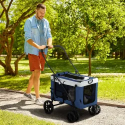 Cochecito para Perros Plegable con Vagón Desmontable 4 Puertas con Cremallera 2 Correas de Seguridad y Cojín Azul - Ogal.Es