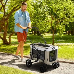 Cochecito para Perros Plegable con Vagón Desmontable 4 Puertas con Cremallera 2 Correas de Seguridad y Cojín Caqui - Ogal.Es
