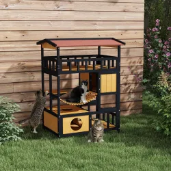 Casa para Gatos de 4 Niveles 84x60x116 cm Refugio para Gatos con Puente Colgante Balcón y Techo Asfáltico Natural - Ogal.Es