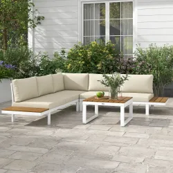 Juego de Muebles de Terraza Incluye 2 Sofás Dobles 1 Sofá Esquinero Reclinable y Mesa de Centro con Cojines Crema - Ogal.Es