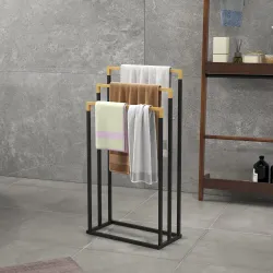 Toallero de Pie Escalonado con 3 Barras de Bambú y Marco de Acero para Baño Lavadero 45x22,5x86 cm Negro y Natural - Ogal.Es
