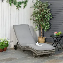 Tumbona de Jardín en Forma de S con 2 Ruedas Respaldo Ajustable en 5 Posiciones y Cojín Extraíble 207x70x70 cm Gris - Ogal.Es