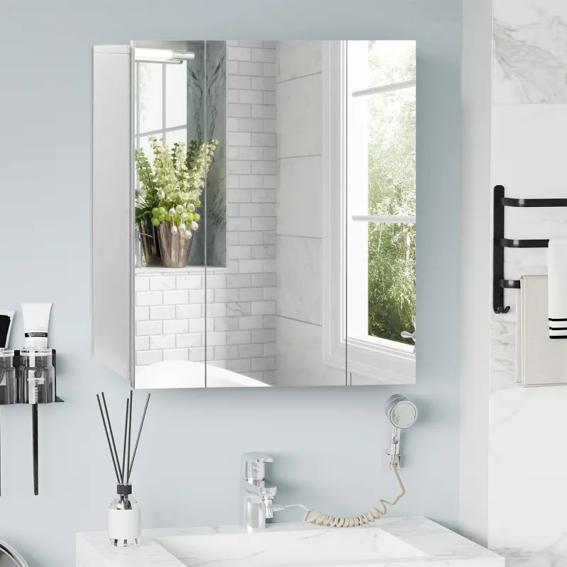 Mueble de Baño con Espejo Mueble de Pared para Baño con 3 Puertas y Estantes Internos Ajustables 70x15x60cm Blanco - Ogal.Es