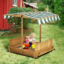 Arenero Infantil con Toldo Ajustable en Altura 2 Bancos y Respaldos Desmontables para Patio 106x106x115 cm Natural - Ogal.Es