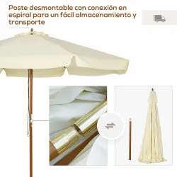 Parasol de Madera Ø325x250 cm con Sistema de Polea Techo de Ventilación y 8 Varillas de Bambú para Terraza Balcó... - Ogal.Es