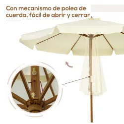 Parasol de Madera Ø325x250 cm con Sistema de Polea Techo de Ventilación y 8 Varillas de Bambú para Terraza Balcó... - Ogal.Es