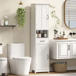 Columna de Baño con 2 Puertas 1 Cajón Estante Abierto y 2 Armarios con Estante Ajustable 40x30x164 cm Blanco - Ogal.Es