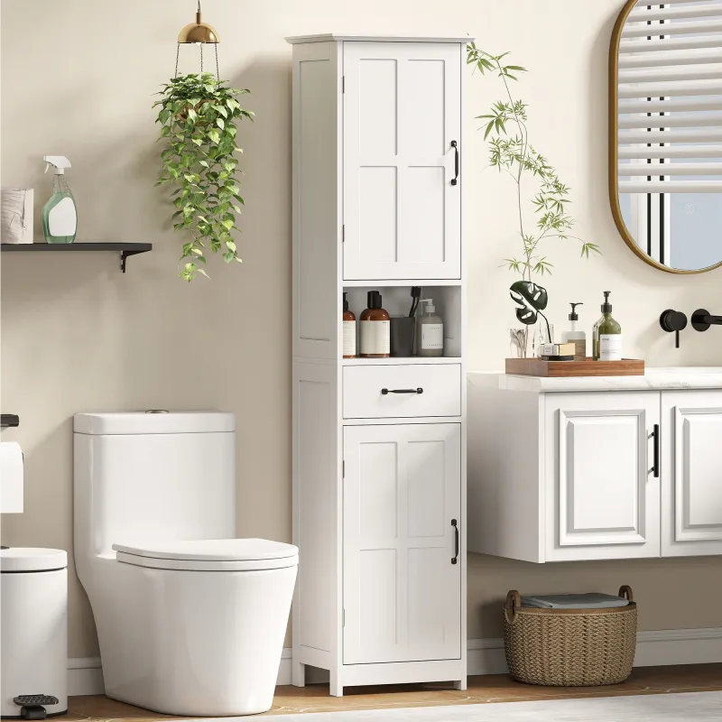 Columna de Baño con 2 Puertas 1 Cajón Estante Abierto y 2 Armarios con Estante Ajustable 40x30x164 cm Blanco - Ogal.Es