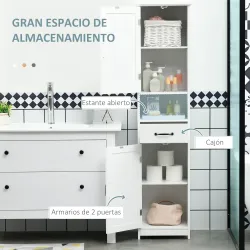 Columna de Baño con 2 Puertas 1 Cajón Estante Abierto y 2 Armarios con Estante Ajustable 40x30x164 cm Blanco - Ogal.Es