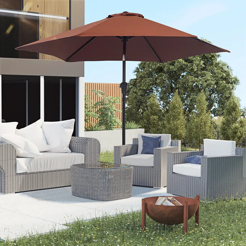 Sombrilla para Jardín Ø260x235 cm Parasol de Aluminio Reclinable con Manivela y 6 Varillas de Metal Café - Ogal.Es