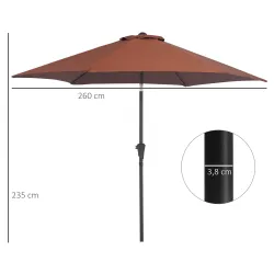 Sombrilla para Jardín Ø260x235 cm Parasol de Aluminio Reclinable con Manivela y 6 Varillas de Metal Café - Ogal.Es