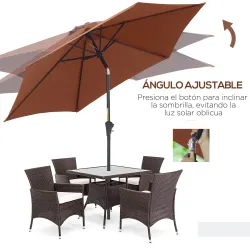 Sombrilla para Jardín Ø260x235 cm Parasol de Aluminio Reclinable con Manivela y 6 Varillas de Metal Café - Ogal.Es