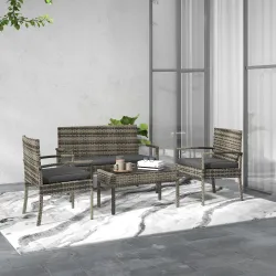 Juego de 4 Piezas Muebles de Jardín con 2 Sillones 1 Sofá de 2 Plazas y 1 Mesa de Centro de Tablero de Vidrio Gris - Ogal.Es