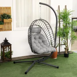 Silla Colgante Plegable con Soporte y 2 Cojines Carga 100 kg para Interior y Exterior en Acabado de Ratán PE Gri... - Ogal.Es