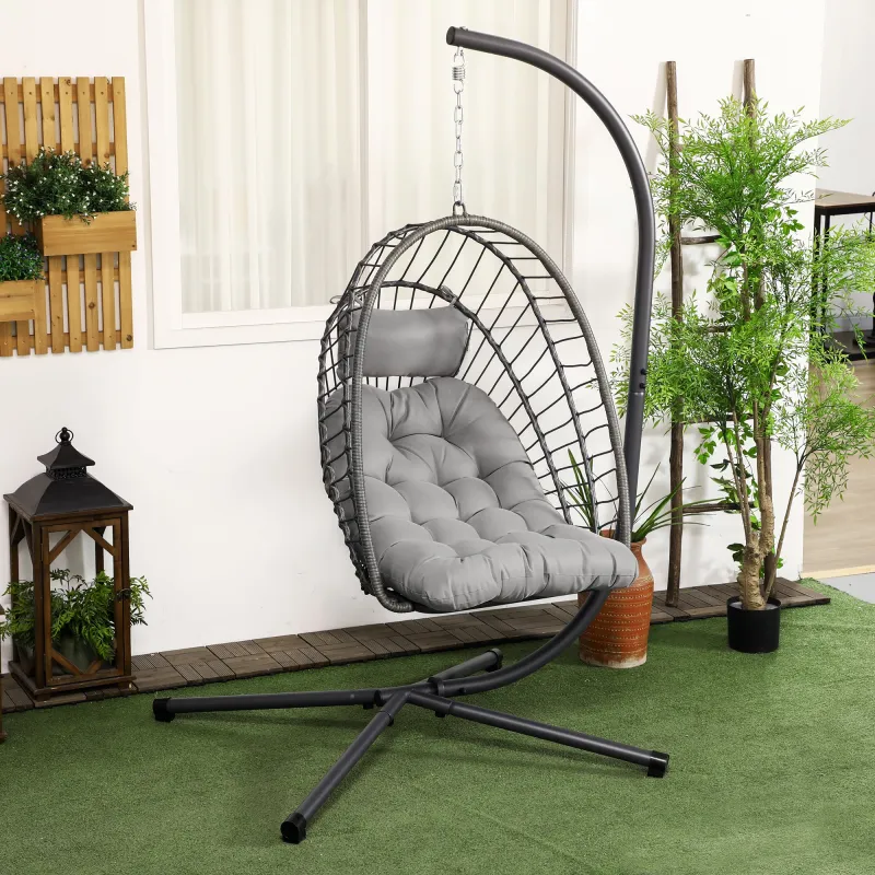 Silla Colgante Plegable con Soporte y 2 Cojines Carga 100 kg para Interior y Exterior en Acabado de Ratán PE Gri... - Ogal.Es