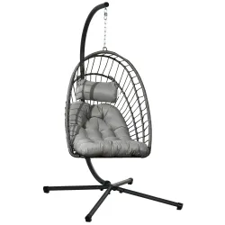 Silla Colgante Plegable con Soporte y 2 Cojines Carga 100 kg para Interior y Exterior en Acabado de Ratán PE Gri... - Ogal.Es