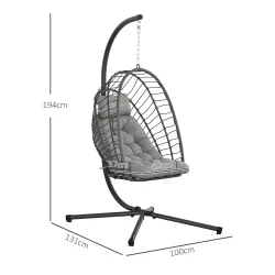 Silla Colgante Plegable con Soporte y 2 Cojines Carga 100 kg para Interior y Exterior en Acabado de Ratán PE Gri... - Ogal.Es